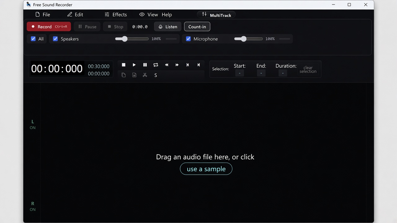 Free Sound Recorder window with the record bar