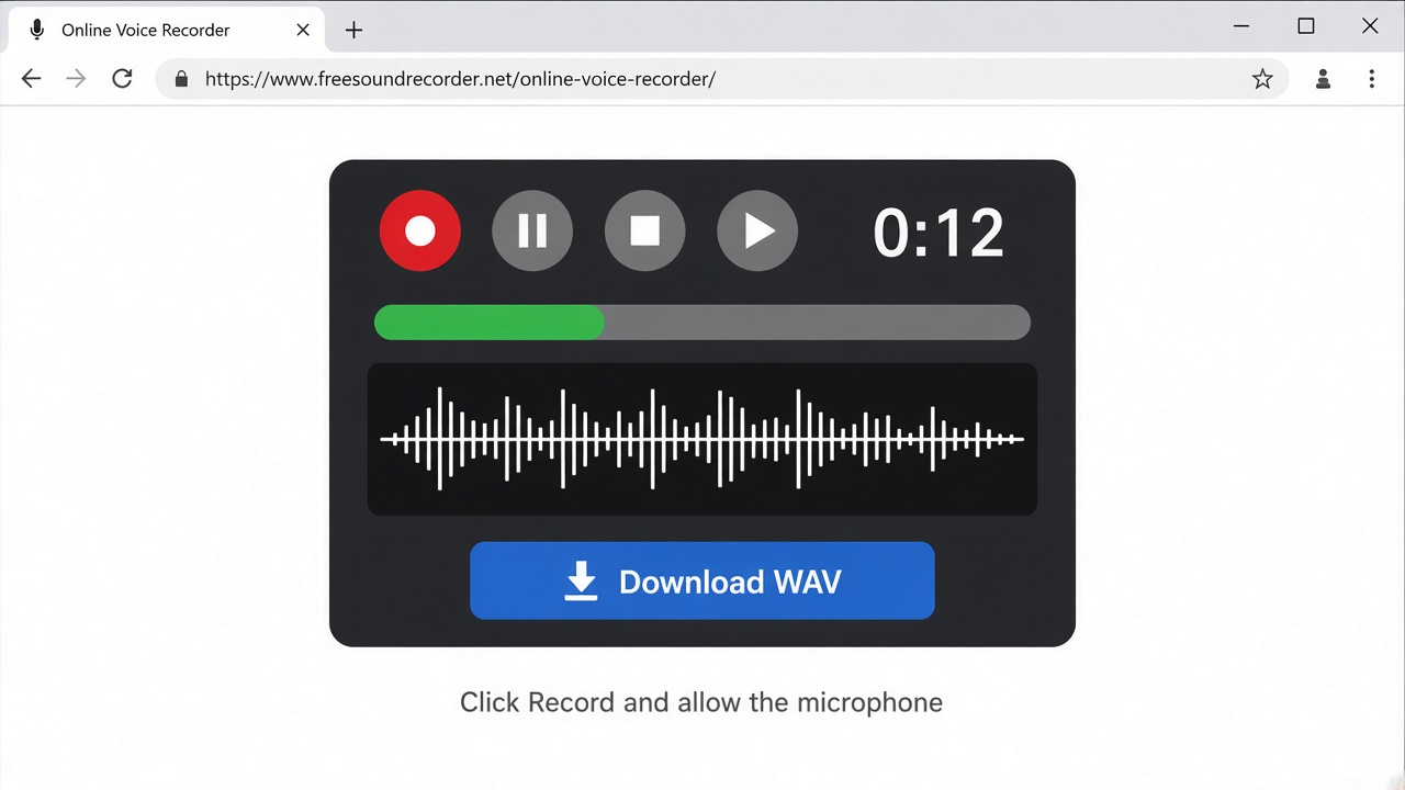 Online voice recorder with Record, Pause, Stop, and Download WAV