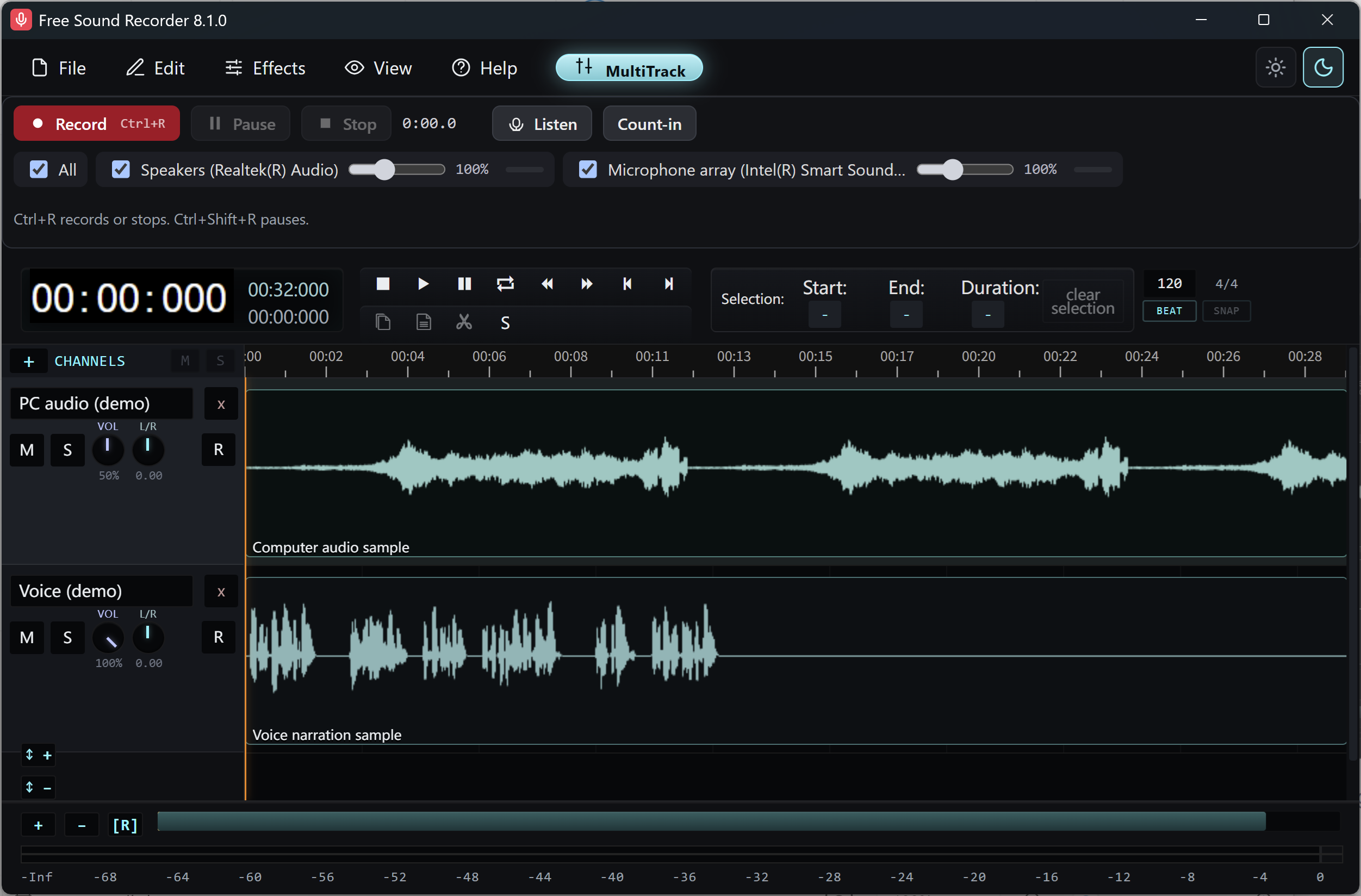 Actual multitrack editor with an imported sample project: computer audio and voice on separate editable tracks.