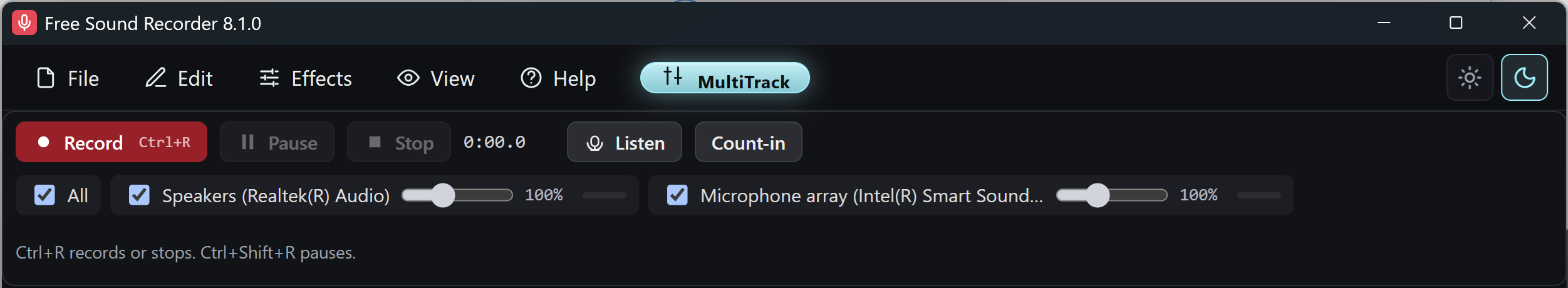 Actual recording source controls in the English interface, with a playback device and microphone selected.